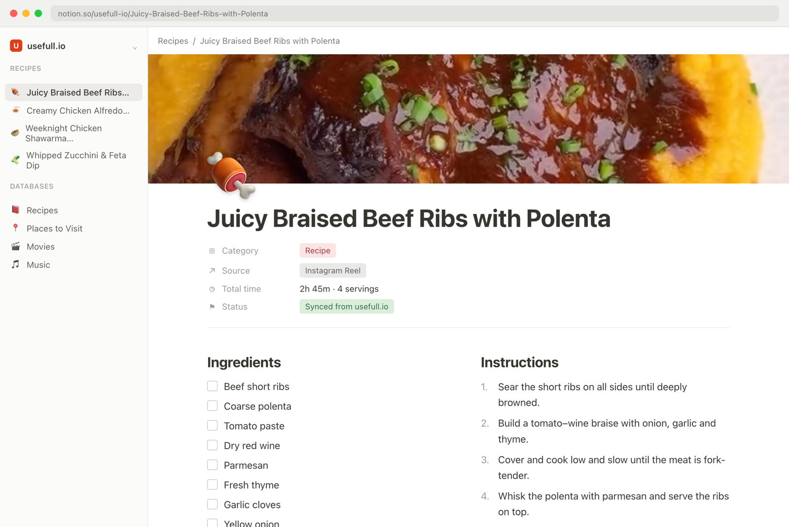 Recipe exported from usefull.io into a Notion page with properties, ingredients, and instructions