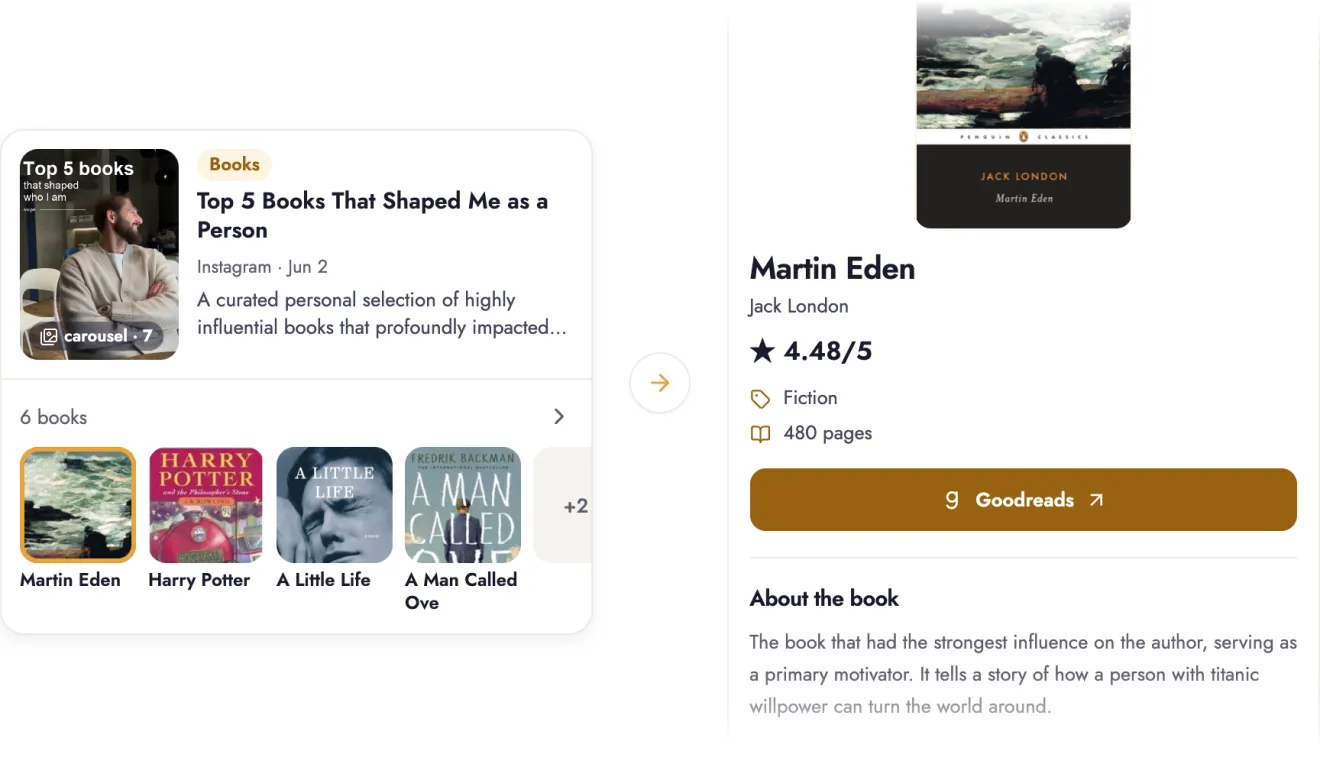 A saved carousel with books that shaped the author and the Martin Eden card from it, with a Goodreads button
