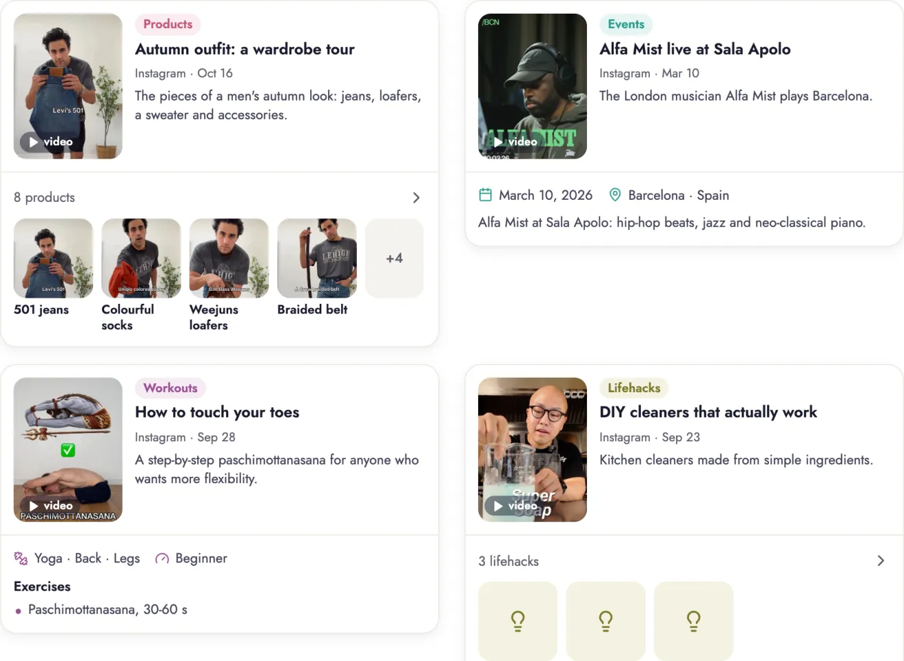 Saved posts in usefull.io sorted into products, an event, a workout and lifehacks