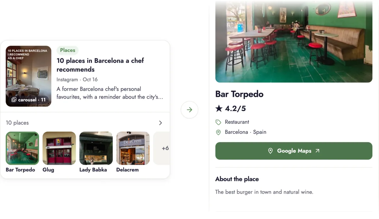 A saved Instagram carousel with 10 places in Barcelona and the Bar Torpedo card from it, with a Google Maps button