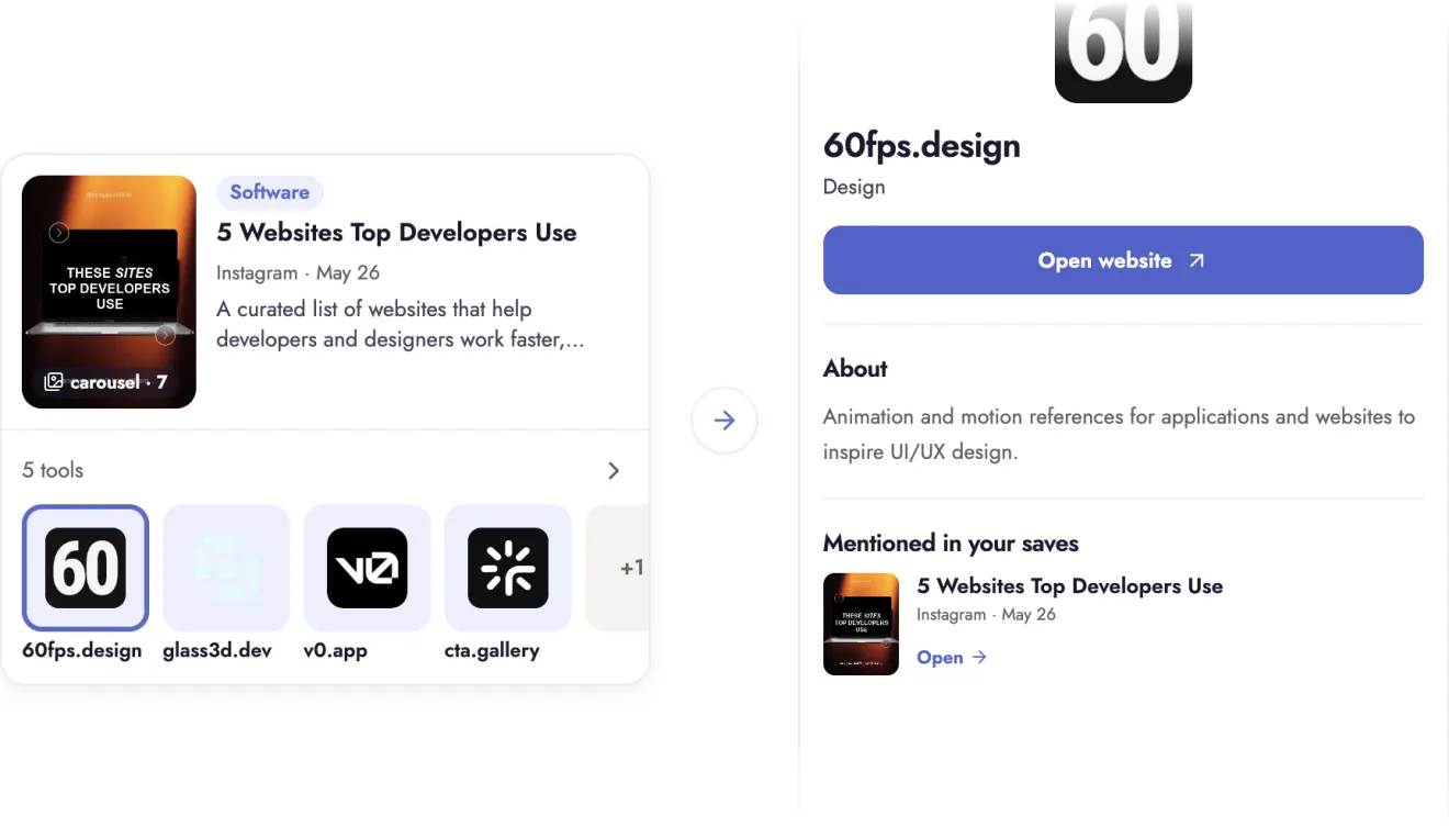 A saved carousel with websites developers use and the 60fps.design card from it, with an Open website button