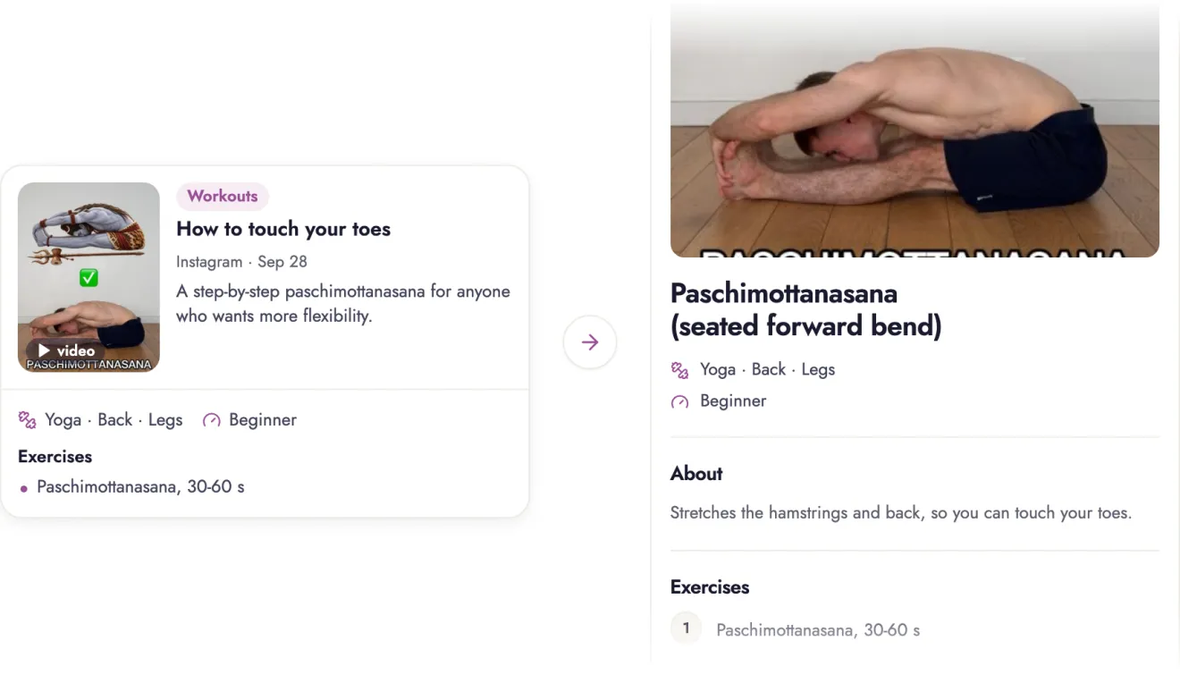 A saved Reel on how to touch your toes and the card of its exercise, the seated forward bend, with the muscles and level